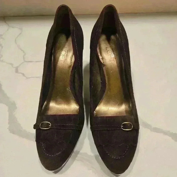 Ann Taylor Loft Kiltie Buckle Stacked Platform Heel Brown Suede Womens Size 8.5 - Picture 5 of 6